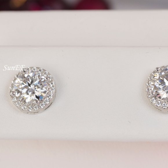 2.0ct tw GRA Certified Halo  Moissanite Stud Earrings - Picture 4 of 14